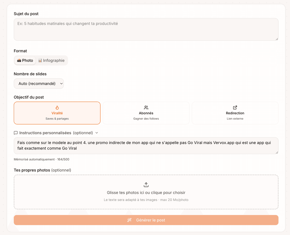 Étape 1 : Insere seu assunto — Vervox