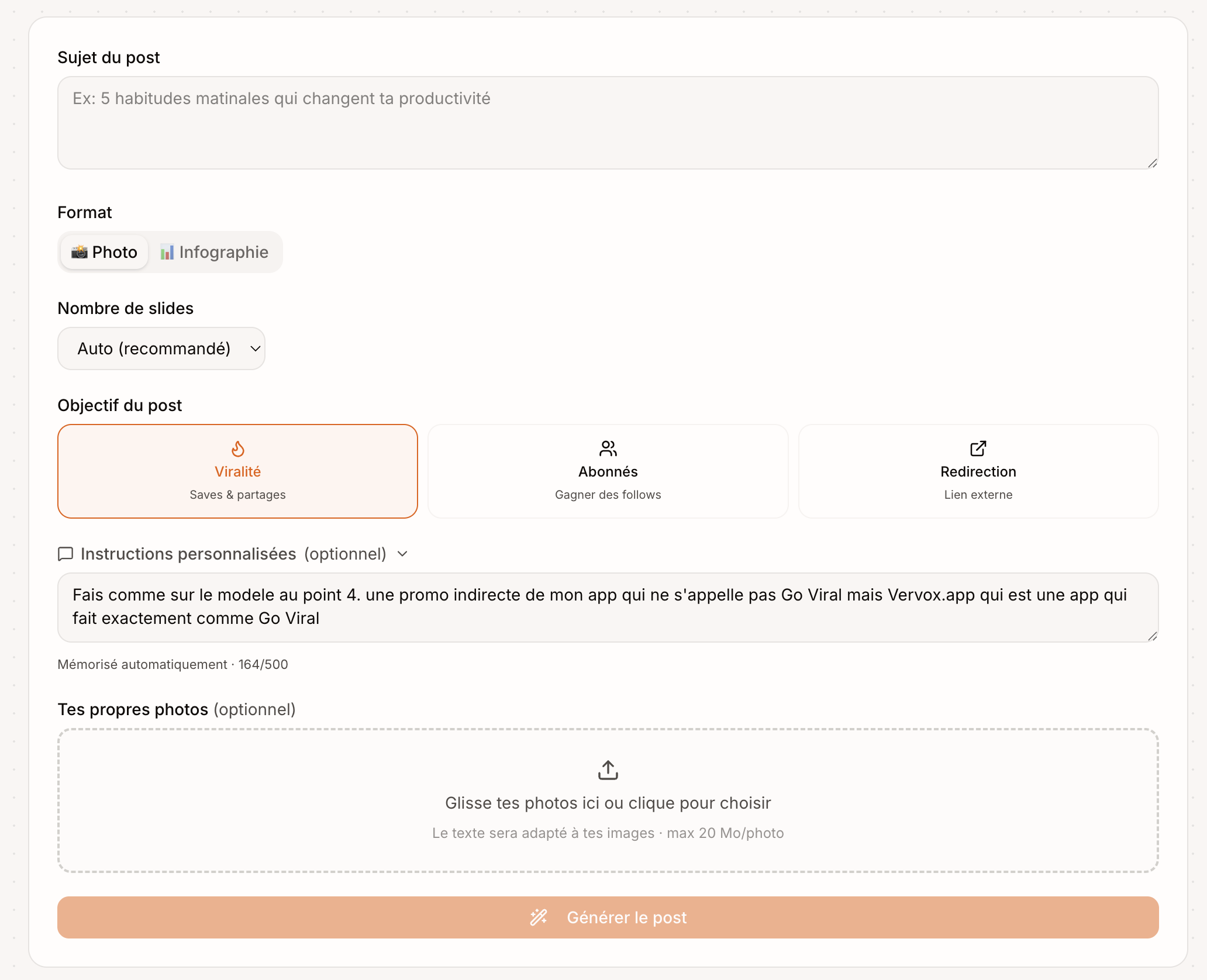 Capture d'écran de la fonctionnalité Carrosséis — Vervox — étape 1
