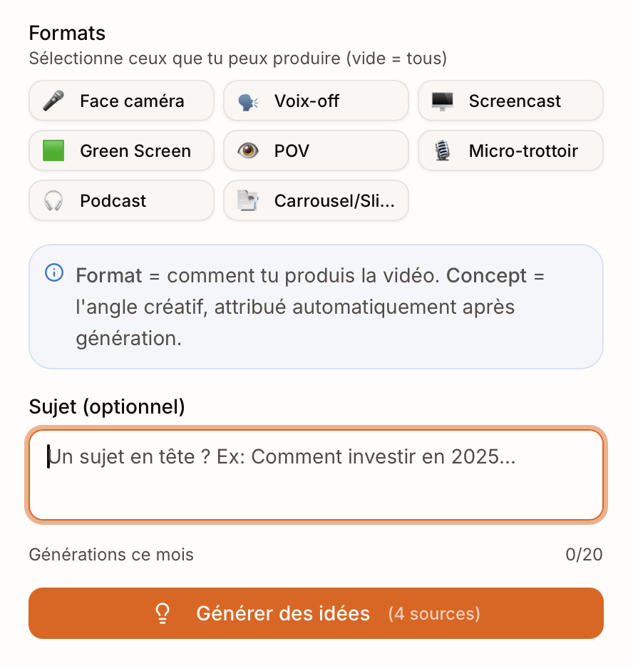 Capture d'écran de la fonctionnalité Ideias de conteúdo — Vervox — étape 1